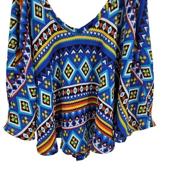 Y2K Crop Top L Blue Aztec Bandana Colorful Flowy Lightweight Sexy Festival USA - Picture 7 of 11